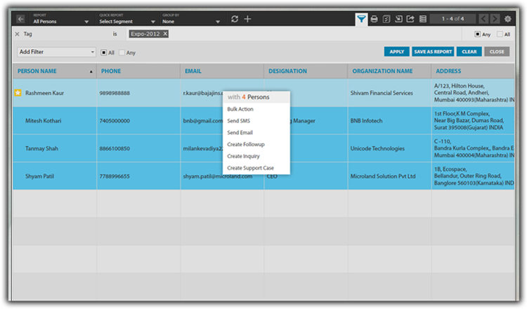 Action on filtered data